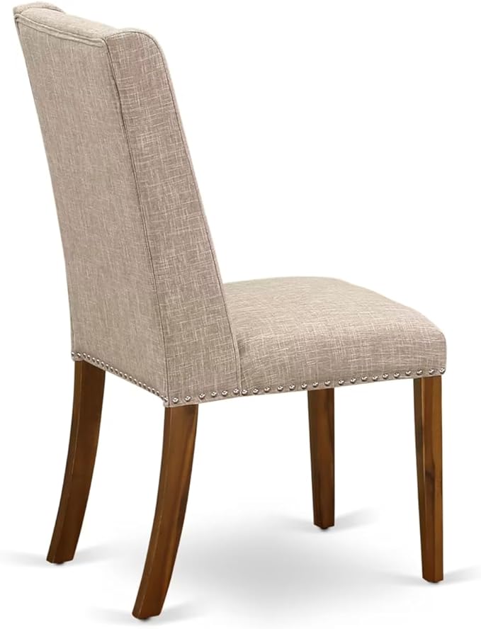 NEFL9-AWA-04-9-Piece Kitchen Set Consists of a Dinner Table and 8 Light Tan Linen Fabric Parson Chairs with Padded Chair Back - Antique Walnut Finish.