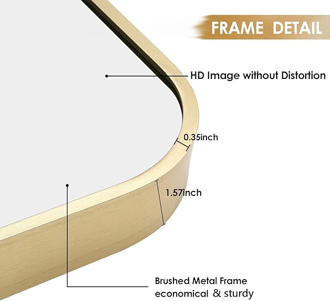 16x24 Inch Gold Bathroom Mirror, Brushed Brass Gold Metal Framed Rectangular Mirror with Rounded Corner, Wall Mounted Vanity Mirror for Bedroom or Living Room, Horizontal/Vertical