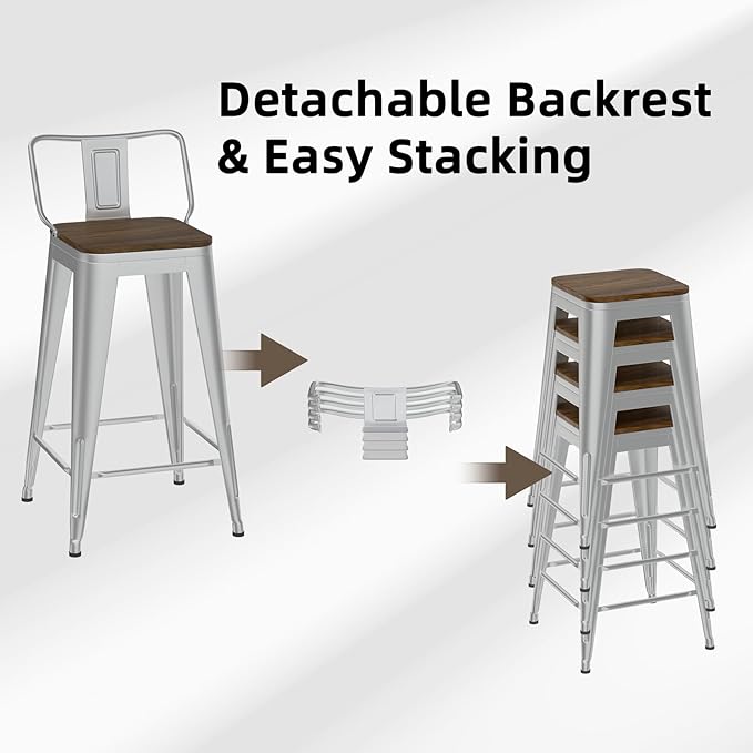 26 Inch Swivel Bar Stools Set of 4, Counter Height Bar Stools with Low Back, Metal Industrial Bar Chairs for Kitchen Island (Silver)