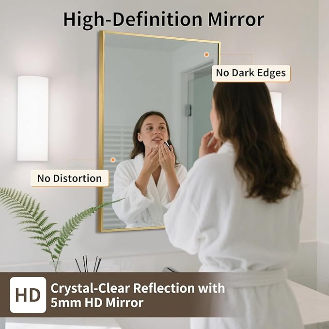 Brushed Gold Mirror, 24x36 Inch Aluminum Framed Rectangle Mirror, Anti-Rust, Tempered Glass, Square Corner Wall Mirror for Over Sink, Vanity, Bedroom, Entryway, Horizontal/Vertical