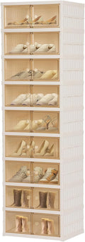 Foldable Shoe Organizer Storage Box, Portable Extra Large Folding Shoe Rack for Closet, Shoe Storage Box with Magnetic Transparent Door and Wheels, 9 Layers 18 Grids.