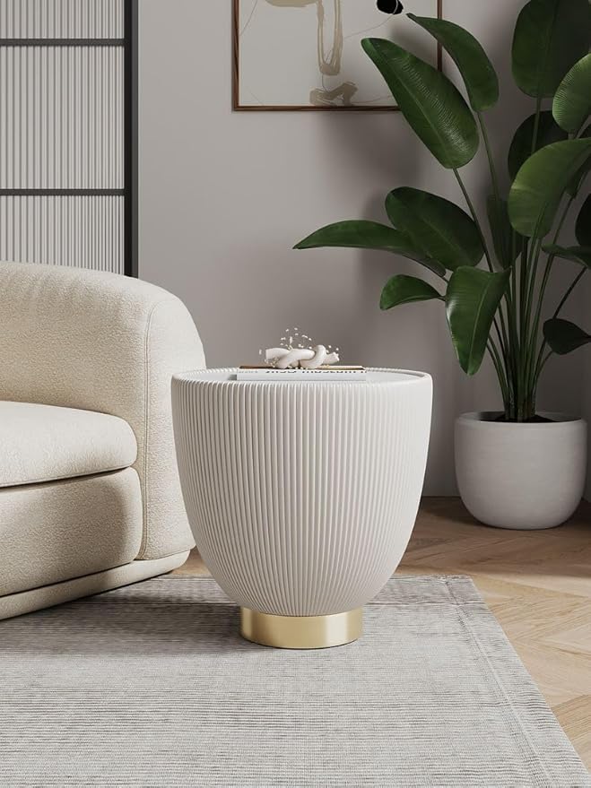 Manhattan Comfort Anderson Modern 18" Round End Table 2.0 | Ceramic Marble Tabletop, Elegant Pleated Leatherette Design & Gold Stainless Steel Base, Fully Assembled Accent Furniture, Set of 1, Cream
