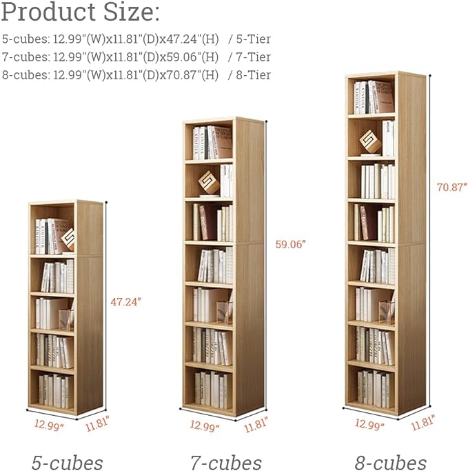 IOTXY Small Narrow Corner Bookcase - 71 Inches Tall Gap Freestanding Storage Cabinet, 8 Lattices Open Shelves Tower Rack, Cubes Bookshelf in Oak