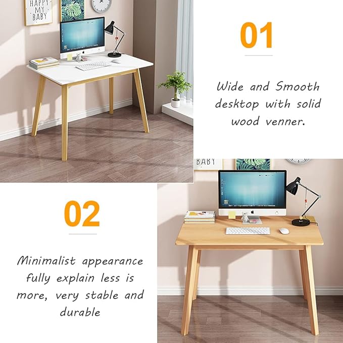 IOTXY Simple Wooden Writing Desk - Modern Minimalist Style PC Laptop Computer Workbench with Solid Wood Legs, 55" W Home Office Work Table for TV Stand Music Video Live Broadcast Workstation, Oak