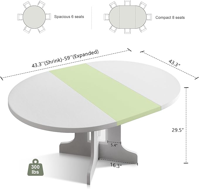 Feonase 59" Round Extendable Dining Room Table for 6, Modern Oval Kitchen Table with Heavy Duty Wood Base, for Kitchen Dining Living Room, Easy Assembly, Noise-Free, White