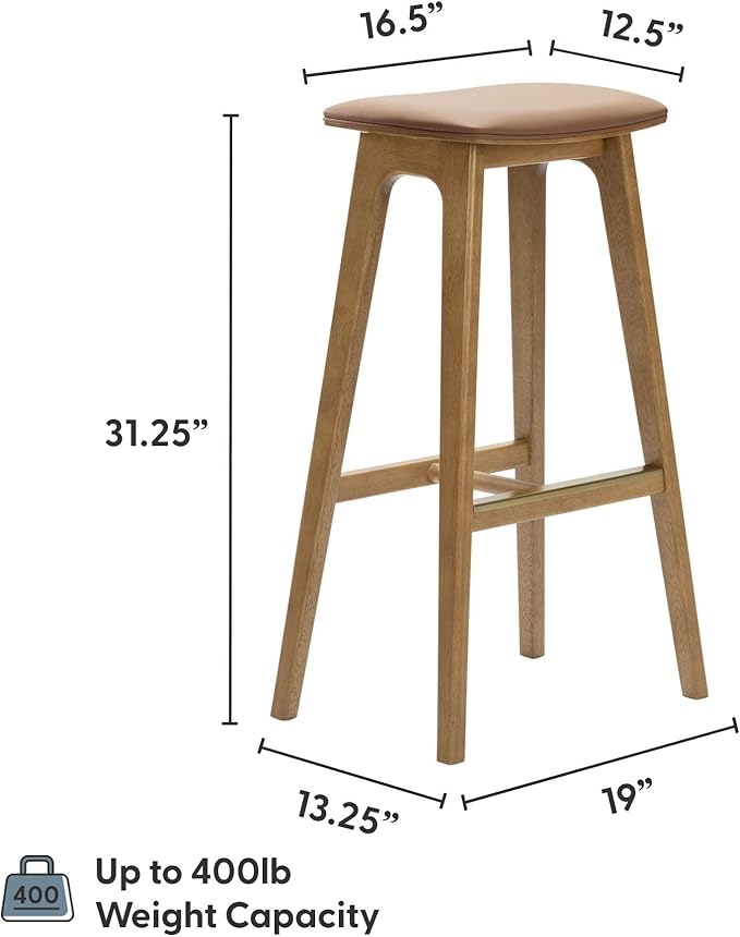 Plank+Beam Beryl Bar Height Stool - Mid-Century Modern Rubberwood Bar Stool with Faux Leather Seat, Metal Footrest, Easy Assembly, Pecan/Toffee