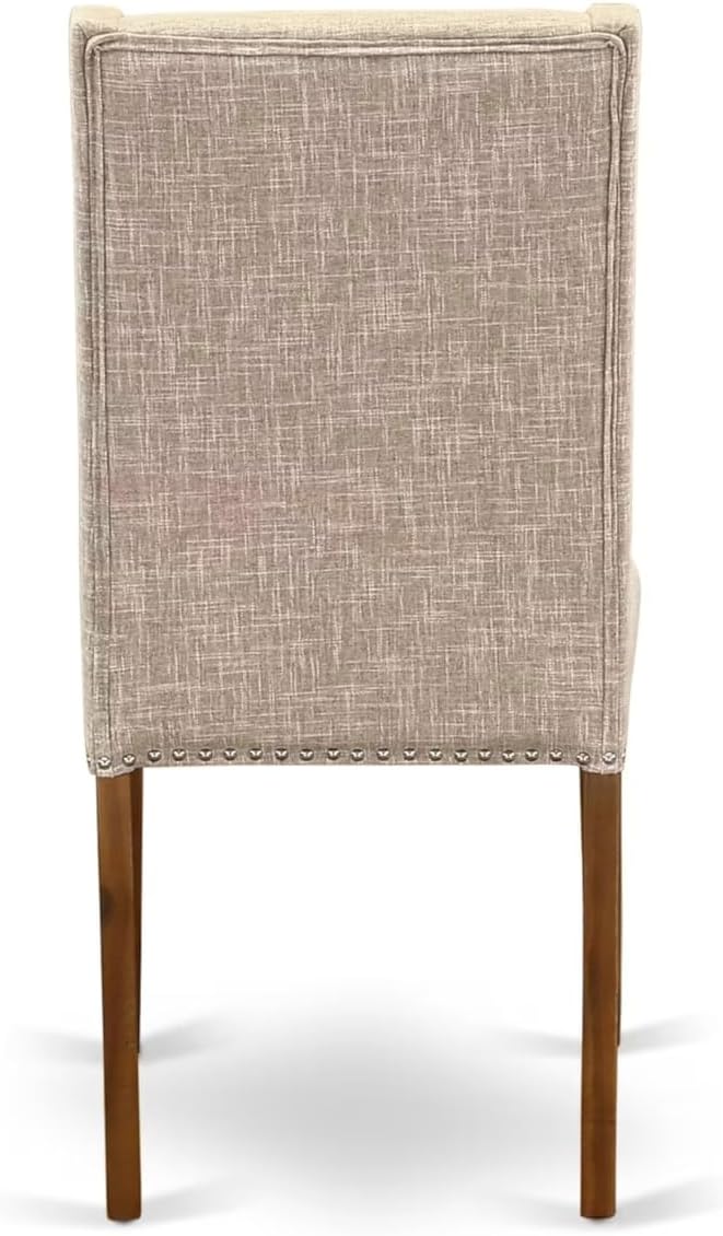 NKFL9-AWA-04-9-Piece Kitchen Table Set Includes a Kitchen Table and 8 Light Tan Linen Fabric Dining Chairs with Padded Chair Back - Antique Walnut Finish.