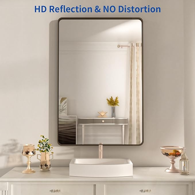 WEER 22x30 Inch Bronze Bathroom Mirror for Vanity, Brushed Bronze Metal Frame Rounded Rectangle Mirror with Tempered Glass, Anti-Rust (Horizontal/Vertical)