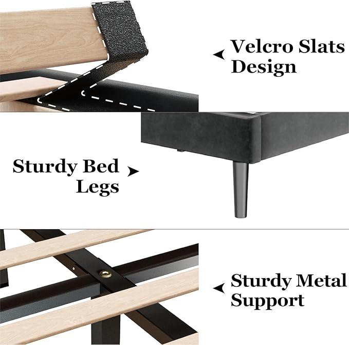 King Size Bed Frame with Velvet Upholstered Headboard, Platform Bed with Strong Wood Slats, Mattress Foundation, Box Spring Optional, Easy Assembly, Black