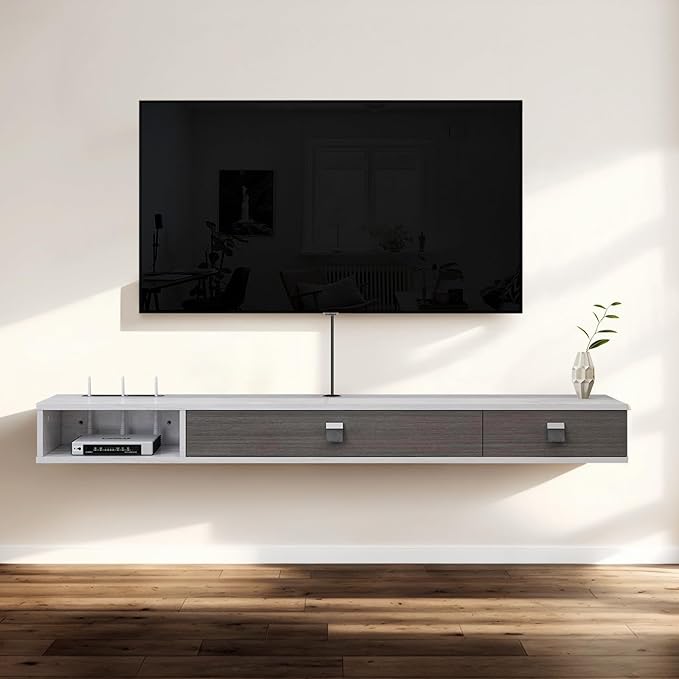 Pmnianhua Floating TV Shelf,70'' Wall Mounted Floating TV Stand Unit Media Console Wall TV Console Cabinet Media Entertainment Shelf with 2 Doors for TVs up to 75 inch (Greyish-White)