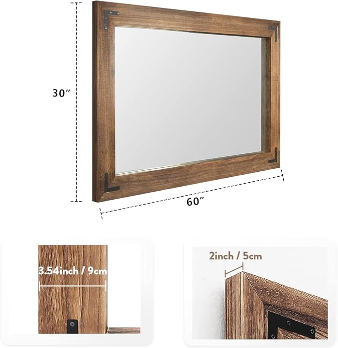 YOSHOOT Rustic Wooden Framed Wall Mirror, Natural Wood Bathroom Vanity Mirror for Farmhouse Decor, Vertical or Horizontal Hanging, 60" x 30", Brown