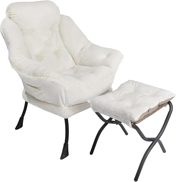 Lazy Chair with Folding Ottoman,Living Room Chairs, Accent Contemporary Lounge Chair, Single Steel Frame Leisure Sofa Chair with Armrests and A Side Pocket (Beige-1130)