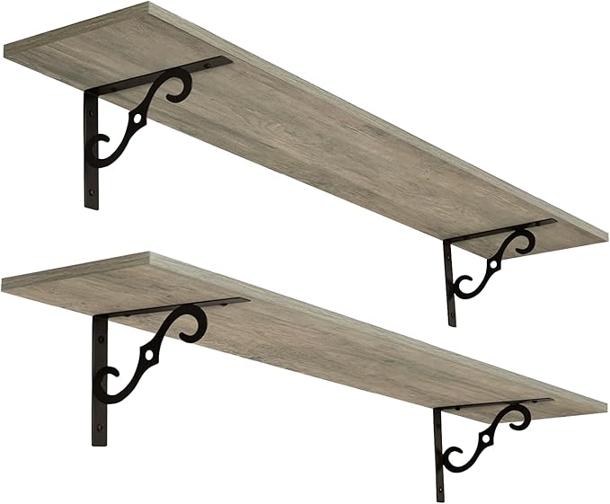 DINZI LVJ Long Wall Shelves, 47.3 Inch Large Floating Shelves Set of 2, Wide Display Shelf Wall Mounted with Brackets, Easy Hanging for Living Room, Toilet, Office, Bedroom, Gray Wash