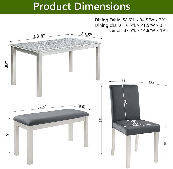 KEIKI 6-Piece Standard Height Dining Table Set with Rectangular Table, 4 Upholstered Chair, Bench, for 6 Person, Crystal Decoration Table Set, Easy Assembly, for Kitchen, Dining Room, Silver Grey