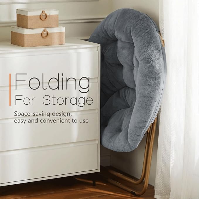 Comfortable Cozy Faux Fur Disc Chair Foldable Feature for Bedroom, Living Room and Dorm, Adult-Sized Relaxation, Grey