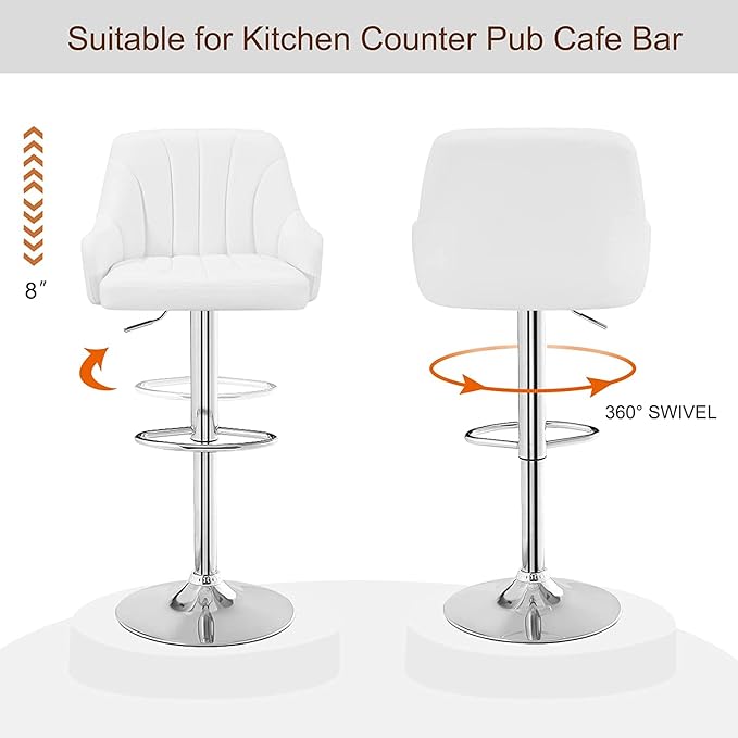 VECELO Bar Stools Set of 2, Adjustable Barstools, Counter Height Stools with Back and Arm, Kitchen Island Stools, Swivel PU Leather Stools, Modern Style, White