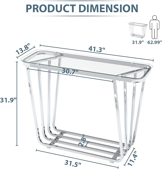 OIOG Glass Console Table for Entryway, Modern Entrance Table with Tempered Glass & Chrome Frame, Silver Sofa Table for Living Room Hallway