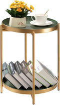TeoKJ 2 Tier Gold Side Table, Folding Round Metal End Table Small Nightstand with Two Removable Tray for Bedroom Living Room Bedside Small Spaces Gold + Dark Green