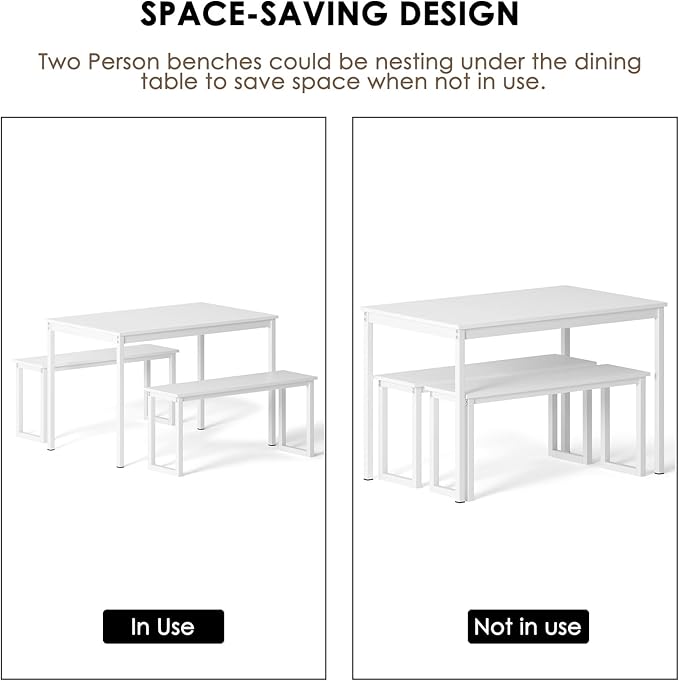 soges 3 PCS Dining Table Set for 4 with 2 Benches, Soho Dining Table and Chairs Set, Industrial Kitchen Table and Chairs Kitchen Breakfast Table Set, Dining Set with Metal Frame, White