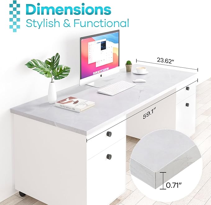 Kaboon Universal Tabletop 59.1"x23.62", Solid One-Piece Melamine Table Top, Double Desk L-Desk DIY, Home and Office Countertop, White Rock