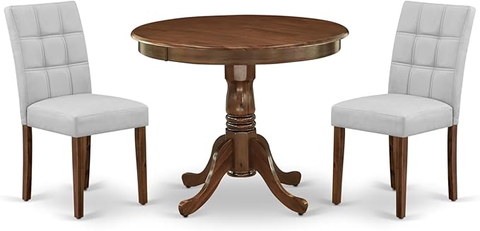 East West Furniture ANAS3-AWA-27 3 Piece Modern Dining Set consists A Dinning Table and 2 Light Gray Polyester Fabric Dinner Chairs, Antique Walnut