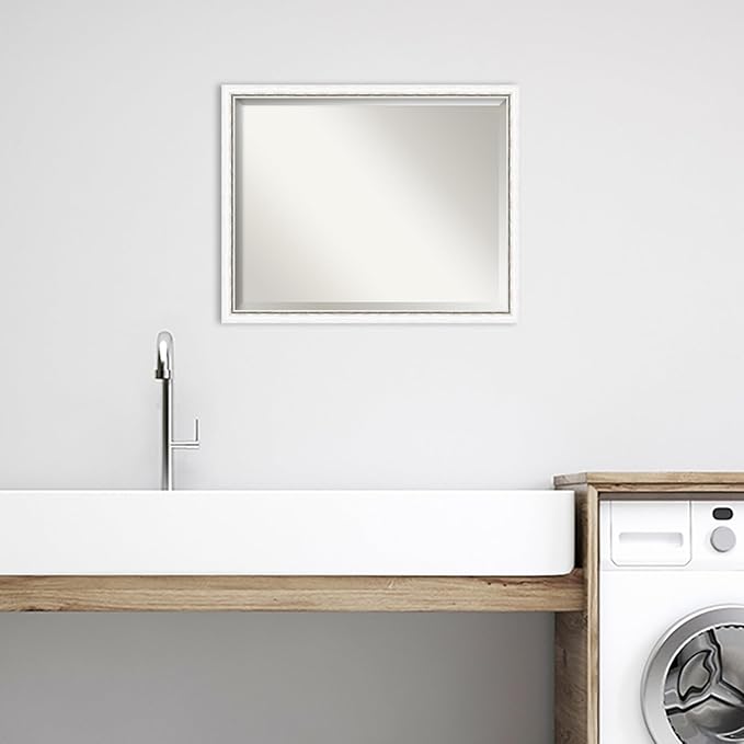 Amanti Art White Bathroom Mirror for Over Sink, 24x30 Morgan White Silver Rectangle Vanity Mirror, Large Modern Contemporary Wood Frame, Hangs Horizonally and Vertically, Bathroom Wall Decor, Beveled