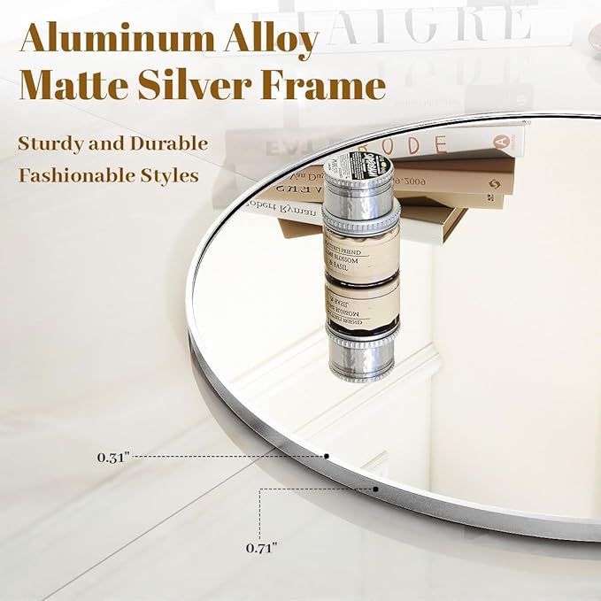 Black Round Bathroom Mirror, 42 inch Large Circle Wall Mounted Hanging Mirror with Simple Modern Circular Metal Frame for Hallway, Entryway, Living Room, Silver Frame