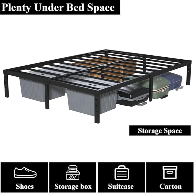 Queen Bed Frame No Box Spring Needed, 14 Inch Heavy Duty Metal Platform Bed Frame Queen Size, 1200lbs Steel Slats Support, Easy Assembly, Black