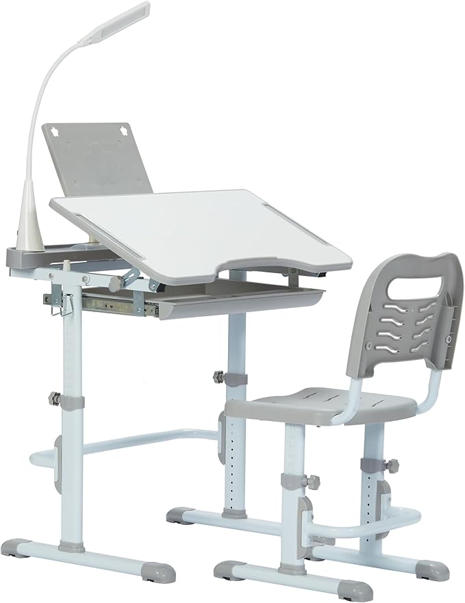 Real Relax Kids Desk and Chair Set, Children's Multifunctional School Tables with Tilt Desktop, LED Light, Metal Hook Grey