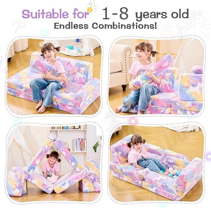 IFNOW Modular Kids Play Couch,Toddler Couch Kids Sofa,Child Sectional Sofa,Bedroom and Playroom Furniture for Toddlers,Convertible Foam and Floor Cushion for Boys and Girls,Glow in The Dark,Unicorn