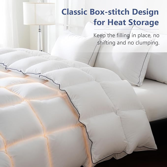 DOWNCOOL Feather Comforter King Size, White Fluffy Duvet Insert King with Ultra Soft 100% Cotton Cover, All Season Luxurious Hotel Bed Comforter with Corner Tabs, 106"x90"