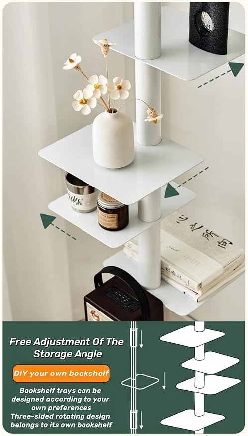 9-Tier Spine Bookshelf Metal Bookcase 5 Colors Vertical Bookshelf Tower Rotating Tall Narrow Bookshelf Ladder Book Rack Indoor (White)