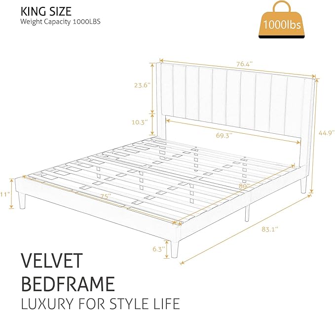 SHA CERLIN King Bed Frame/Velvet Upholstered Platform Bed Frame with Headboard/Strong Wood Slats Support/Mattress Foundation/No Box Spring Needed - Pink