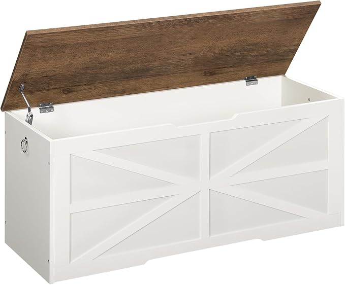 Storage Chest, 43.3" Toy Chest Storage, Farmhouse Storage Bench with Safety Hinge, Storage Trunk, for Bedroom, Living Room, Walnut and White MCW11WL