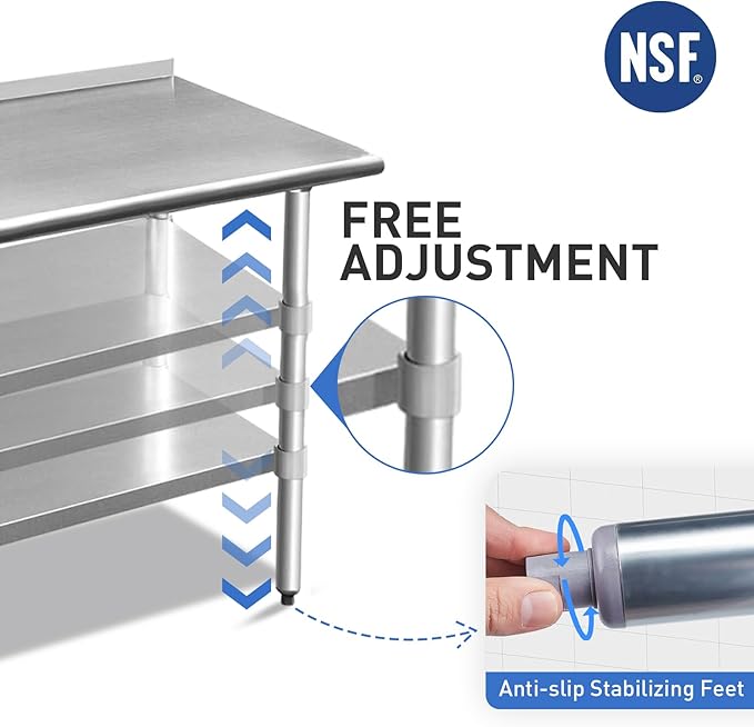 ROCKPOINT Stainless Steel Table for Prep & Work with Backsplash 24x30 Inches, NSF Metal Commercial Kitchen Heavy Duty Table with Adjustable Under Shelf and Table Foot for Restaurant, Home and Hotel