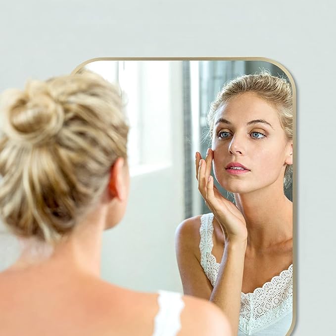 26x38 Inch Gold Bathroom Mirror, Brushed Brass Gold Metal Framed Rectangular Mirror with Rounded Corner, Bathroom Vanity Mirror for Bedroom or Living Room, Horizontal/Vertical