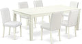 East West Furniture LGAB7-LWH-64 7 Piece Modern Dining Table Set Consist of a Rectangle Wooden Table with Butterfly Leaf and 6 White Faux Leather Upholstered Chairs, 42x84 Inch, Linen White