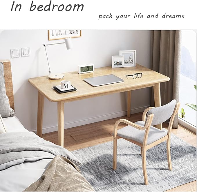 IOTXY Simple Wooden Writing Desk - Modern Minimalist Style PC Laptop Computer Workbench with Solid Wood Legs, 55" W Home Office Work Table for TV Stand Music Video Live Broadcast Workstation, Oak