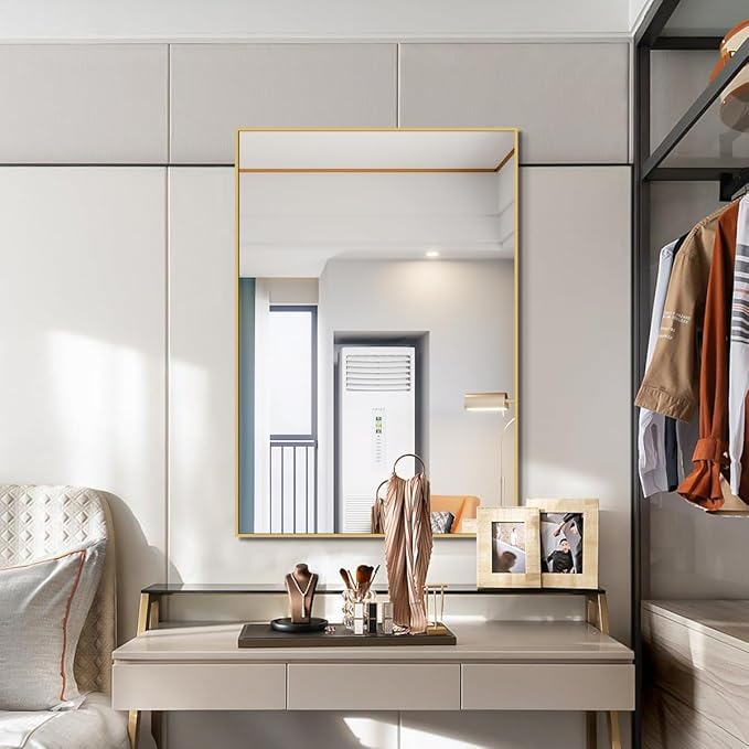 Koonmi Gold Mirrors for Wall, 30x48 Inch Bathroom Mirror, Rectangular Wall Mirror for Living Room Bedroom Bathroom, Hangs Horizontally or Vertically