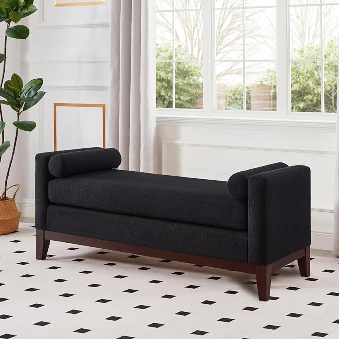 24KF Large Upholstered Boucle Fabric Ottoman with Pillows,Comfort Padded Window Bench for Living Room,Entryway Bench,5095-Black