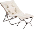 Welnow Comfy Saucer Chair with Ottoman, Oversized Folding Reading Chair for Adults with Throw Pillow Soft Faux Fur Lounge Chair for Bedroom Furry Accent Chair for Living Room, Dorm Rooms, Beige