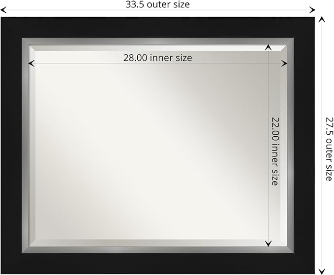Amanti Art Black Bathroom Mirror for Over Sink, 28x34 Eva Black Silver Rectangle Vanity Mirror, Large Modern Contemporary Frame, Hangs Horizonally and Vertically, Bathroom Wall Decor, Beveled Edge