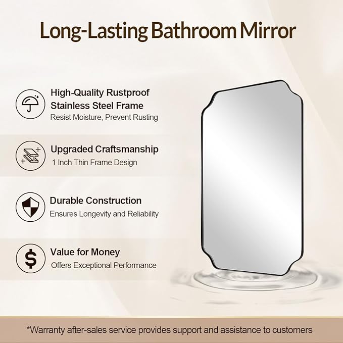 30"x40" Large Bathroom Mirror, Matte Black Scalloped Mirror for Bathroom, Black Irregular Wall Mirror, Unique Shape Design with Superior Stainless Steel Frame, Weigh 30.5Lb
