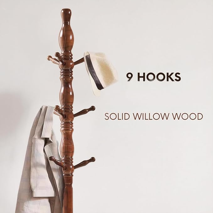 Coat Rack, Natural Wood Coat Racks with 3 Height Options and 9 Hooks,Coat Tree Ease of Assembly,Freestanding Hall Tree for Home/Office/Entryway/Hallway (Walnut)