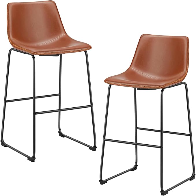 DUMOS 30 Inch Counter Height Bar Stools Set of 2, Modern Faux Leather High Barstools with Back and Metal Leg, Bar Chairs for Kitchen lsland, Elegant Brown