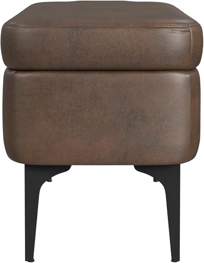 HomePop Upholstered Storage Bench with Metal Leg Home Décor|Bench with Storage for Living Room & Entryway - Brown Faux Leather