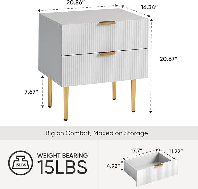 Set of 2 Nightstand, White Mid Century Modern Night Stand with Fluted Panel, Bedside Table with 2 Drawer, Large NightStand with Gold Leg for Bedroom
