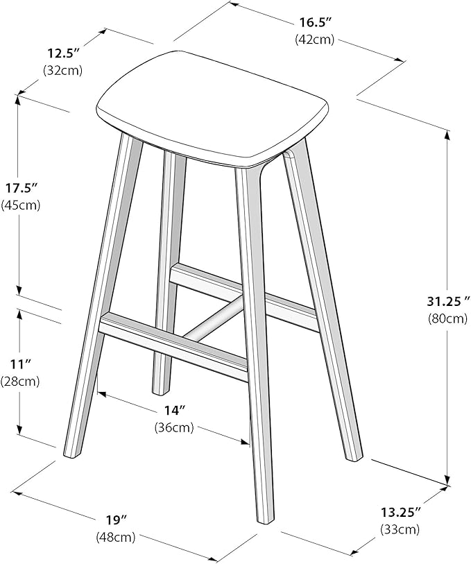 Plank+Beam Beryl Bar Height Stool - Mid-Century Modern Rubberwood Bar Stool with Faux Leather Seat, Metal Footrest, Easy Assembly, Pecan/Toffee