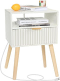 White Nightstand with Charging Station, Modern Bedside Table with Drawer and Solid Wood Legs, Fluted End Side Table for Bedroom, Dorm and Small Space (White)