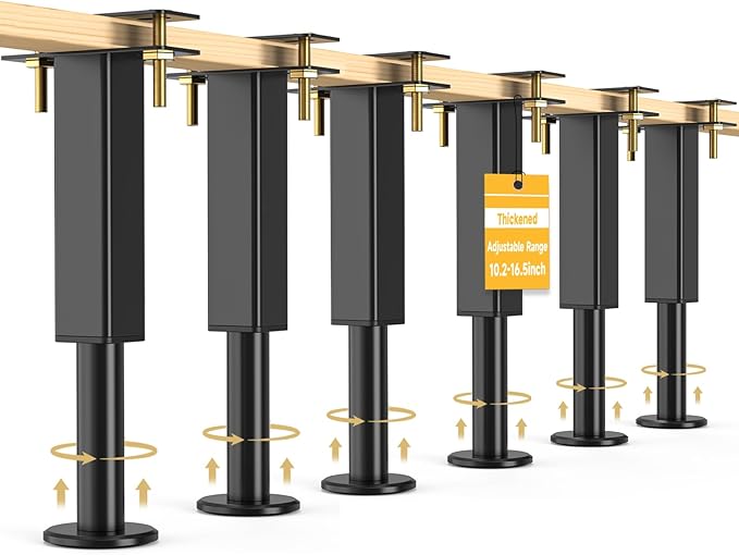 6PCS Adjustable Height Bed Support Legs, 10.2-16.5In, Metal Heavy Furniture Legs with Rubber Non-Slip for Sofa/Cabinet/Couch/Dresser/Table, Furniture Feet Replacement for King Queen Bed Frame Slat